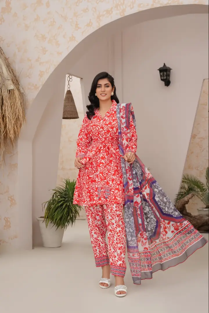 Beautiful Red Frok style 3-Piece Co-ord Set-SJ-148vivid red floral designtop with a V-neck and gathering detailsPants with wide legs for maximum comfortIdeal for vacation, semi-formal, or casual wearFabric: Durable, breathable. #FloralFashion #CasualChic #WomensCoOrds #EffortlessStyle #SabajeezFashion #BoldAndBeautiful #ComfortMeetsStyle