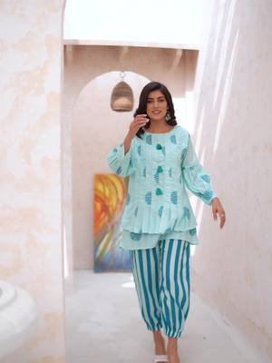 This cool Aqua Blue Print Shirt and Striped Trouser Set from Sabajeez.com will freshen up your all season outfit.  #womenfashion #sabajeez